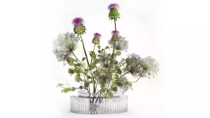 Realistic Bouquet Green Flowers Hogweed Leaves glass vase