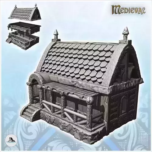 Medieval house with large awning on platform and access staircas