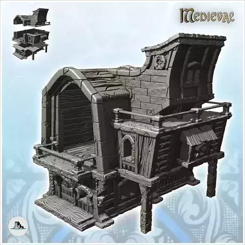 Medieval stone and wood building with large covered terrace and 