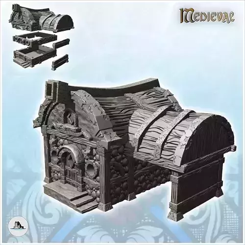 Medieval building with stone access staircase and large canopy a