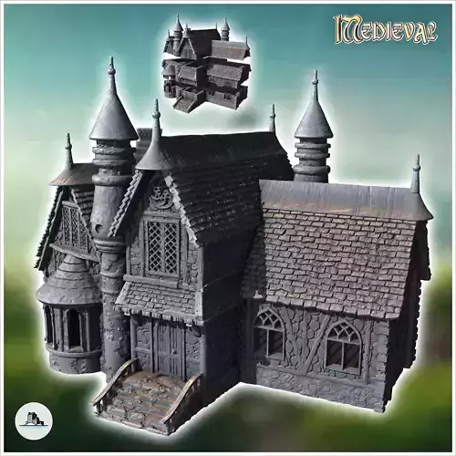 Large medieval manor house with entrance staircase and multiple 