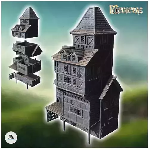 Medieval half-timbered stone building with large awning 35 - Med