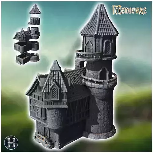 Large medieval building with high balcony tower and half-timbere