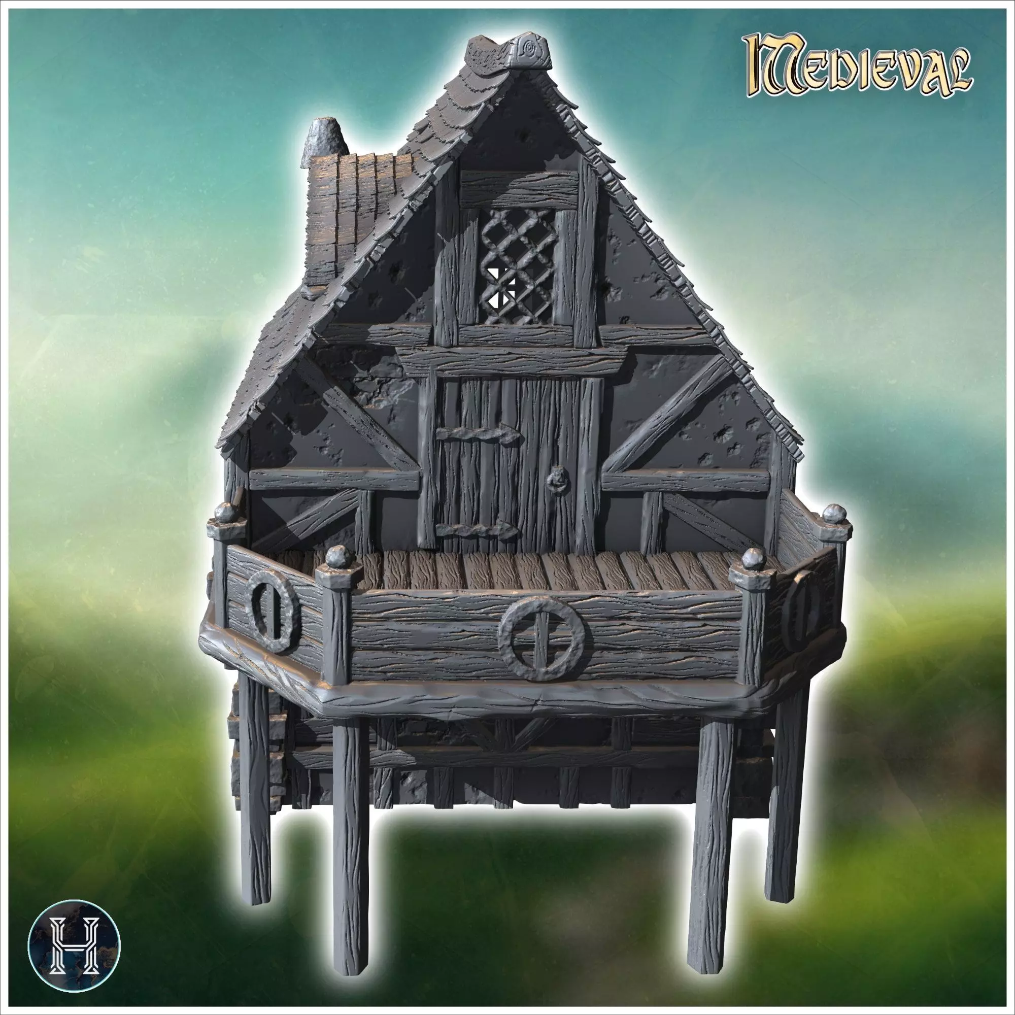 Medieval building with fireplace and large terrace on wooden pla 3D print model_4