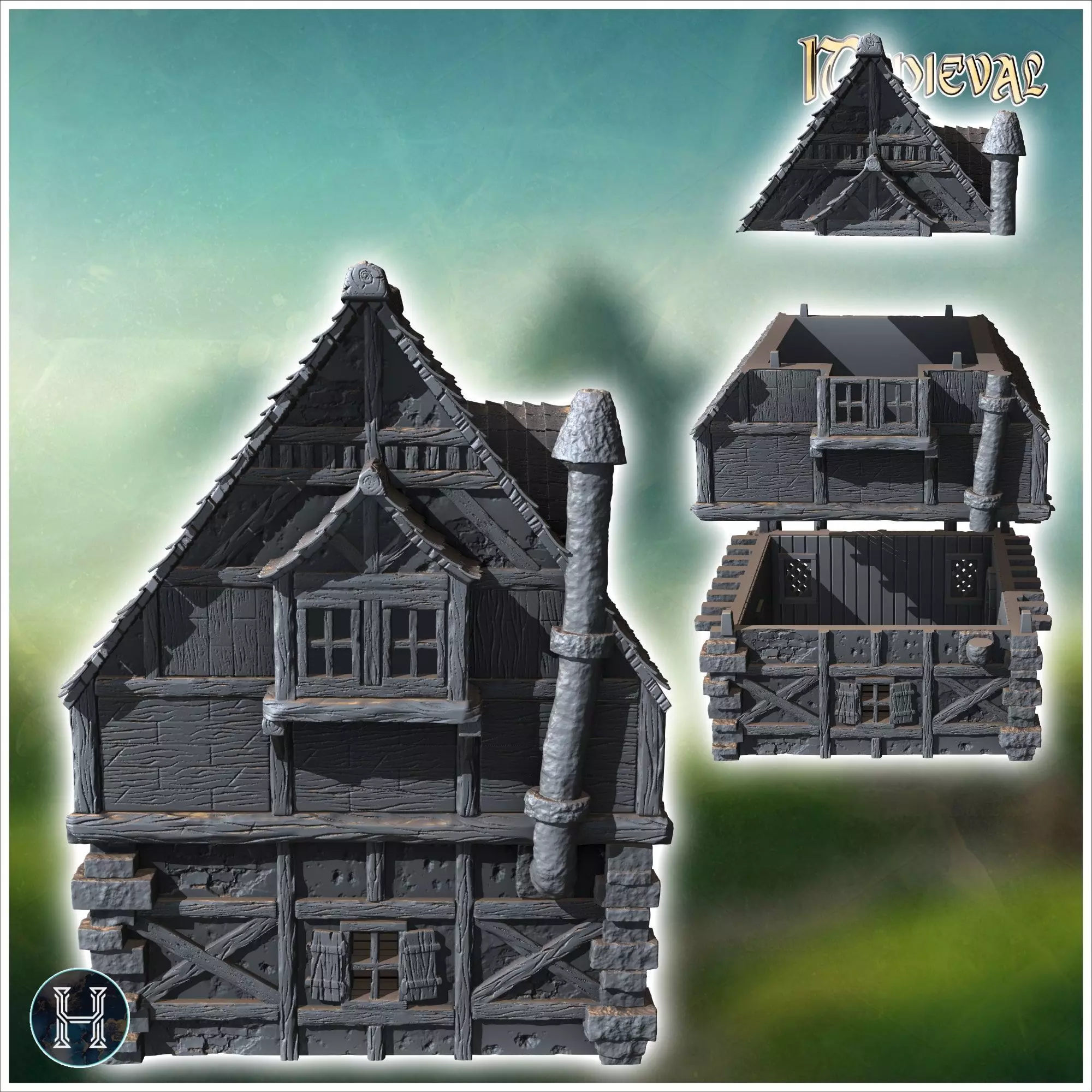 Medieval building with fireplace and large terrace on wooden pla 3D print model_2