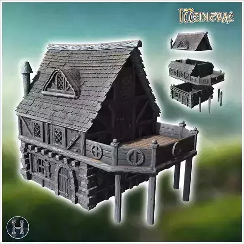 Medieval building with fireplace and large terrace on wooden pla