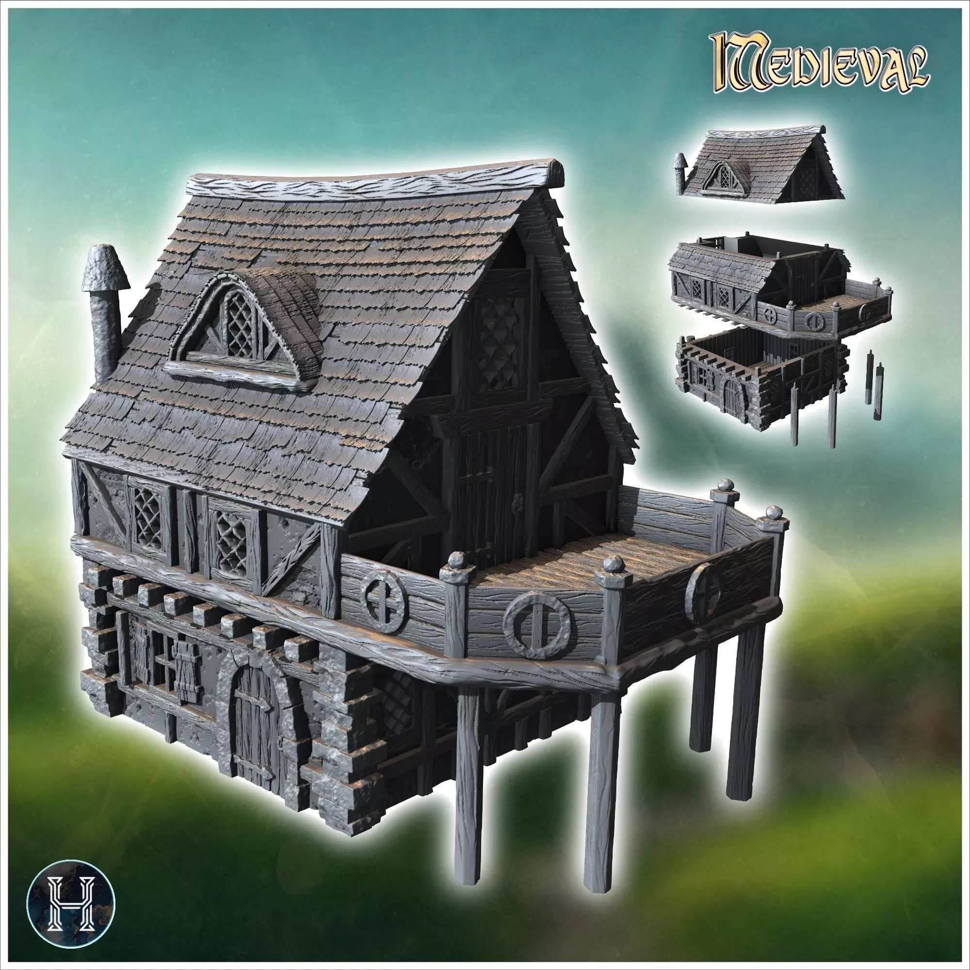 Medieval building with fireplace and large terrace on wooden pla 3D print model_0