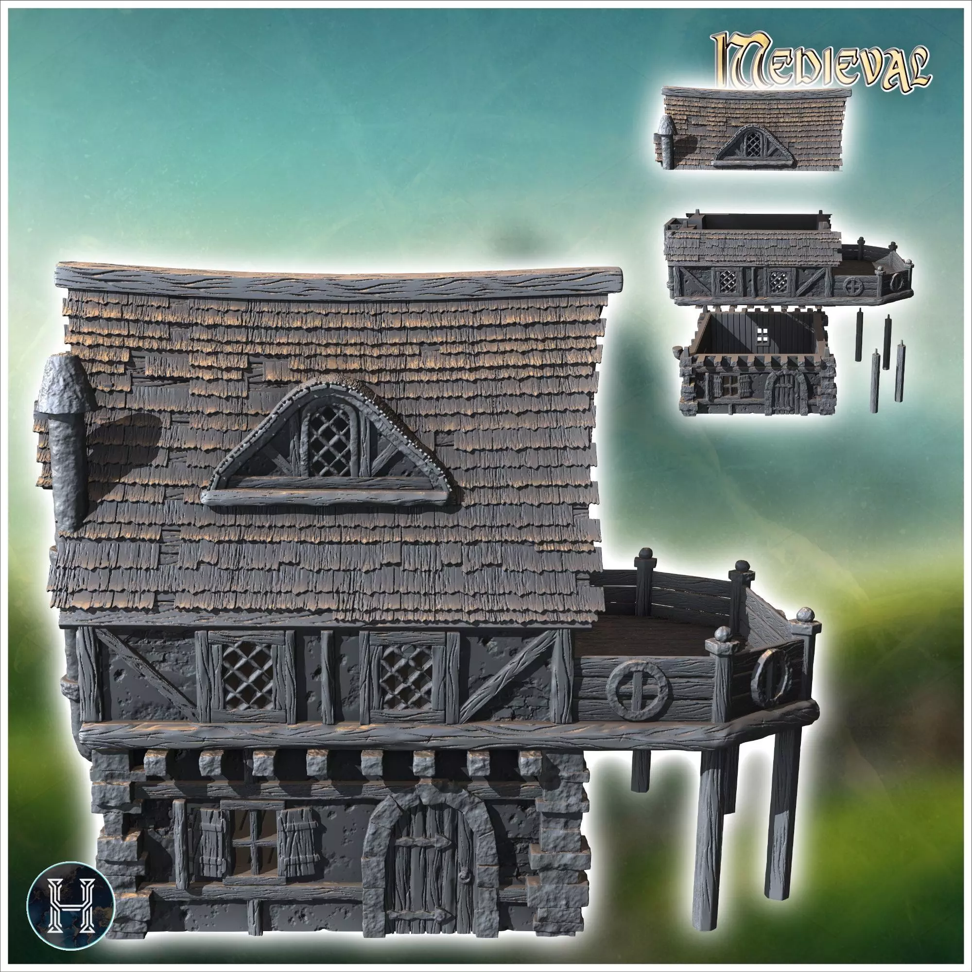 Medieval building with fireplace and large terrace on wooden pla 3D print model_1