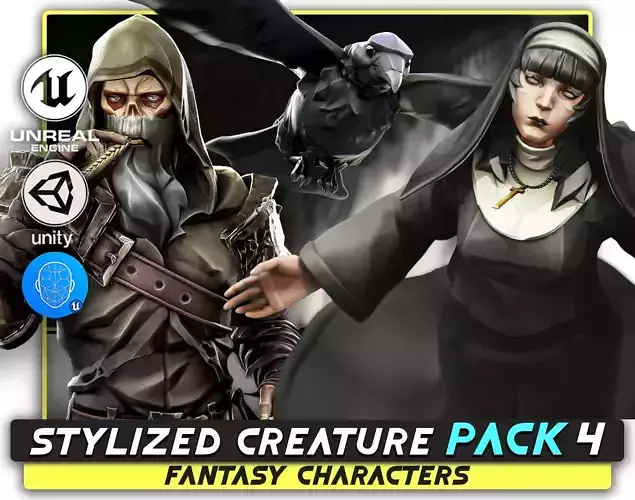 3 in 1 - Creature Pack 4 - Raven - Undead Draugr - Nun - 77 Low-poly 3D model