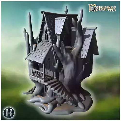 Gothic house elevated on twisted roots with steep rooflines and  3D print model