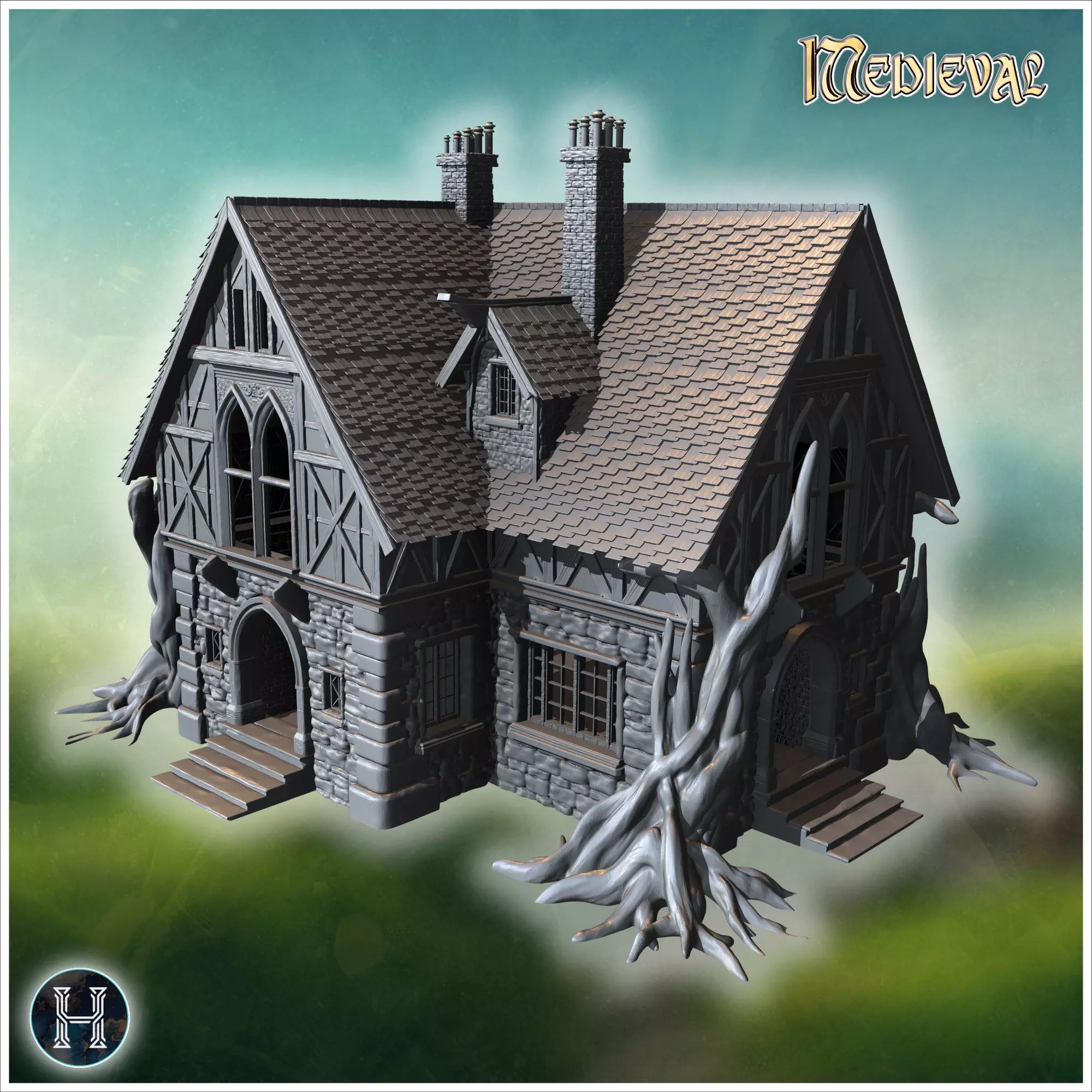 Manor house with gnarled roots spreading over stone foundation i 3D print model_0