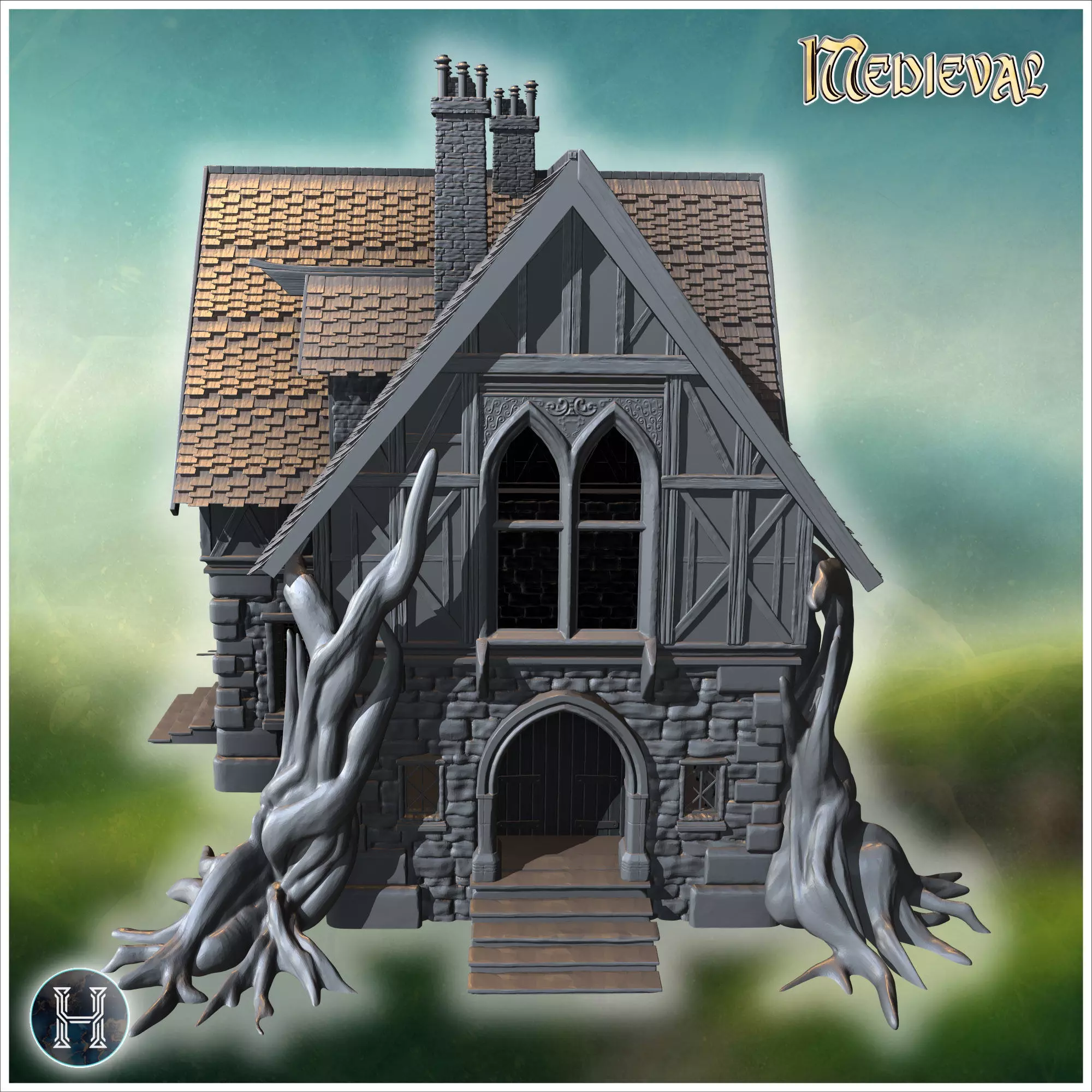 Manor house with gnarled roots spreading over stone foundation i 3D print model_3