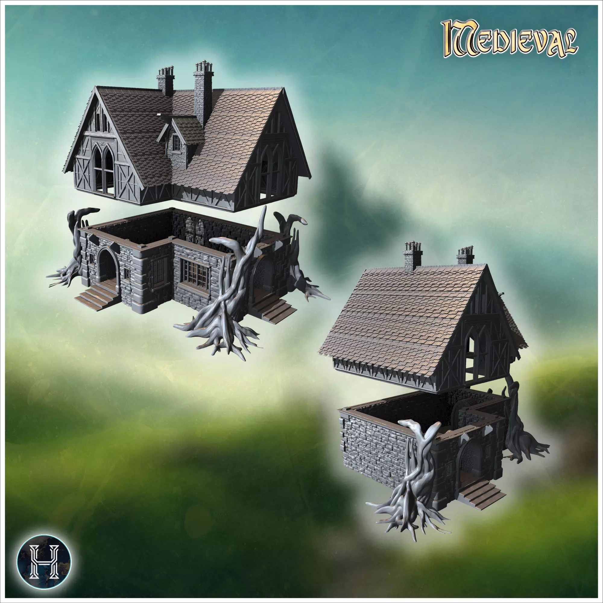 Manor house with gnarled roots spreading over stone foundation i 3D print model_2
