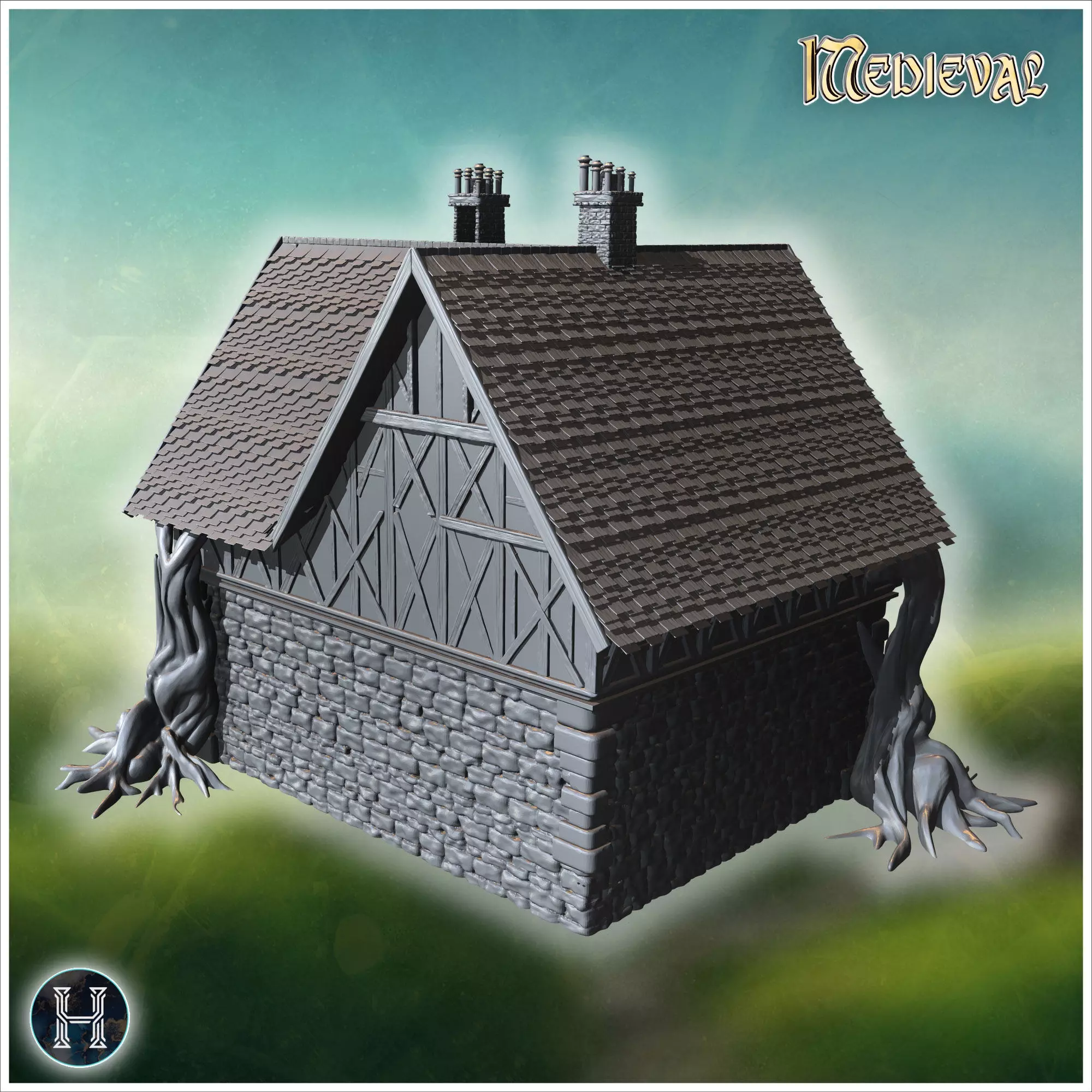 Manor house with gnarled roots spreading over stone foundation i 3D print model_7