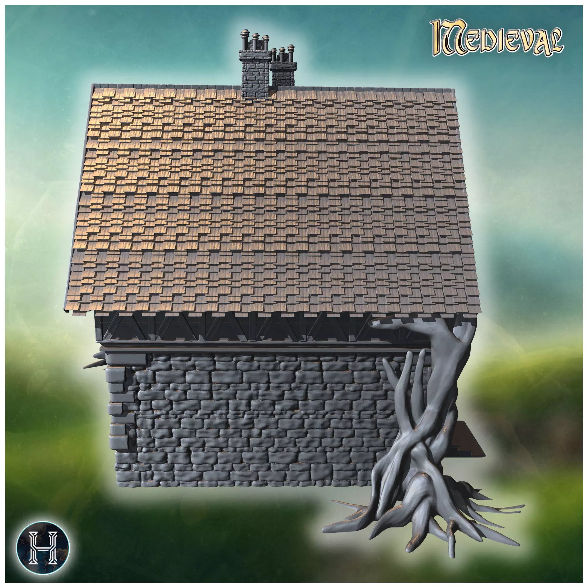 Manor house with gnarled roots spreading over stone foundation i 3D print model_6