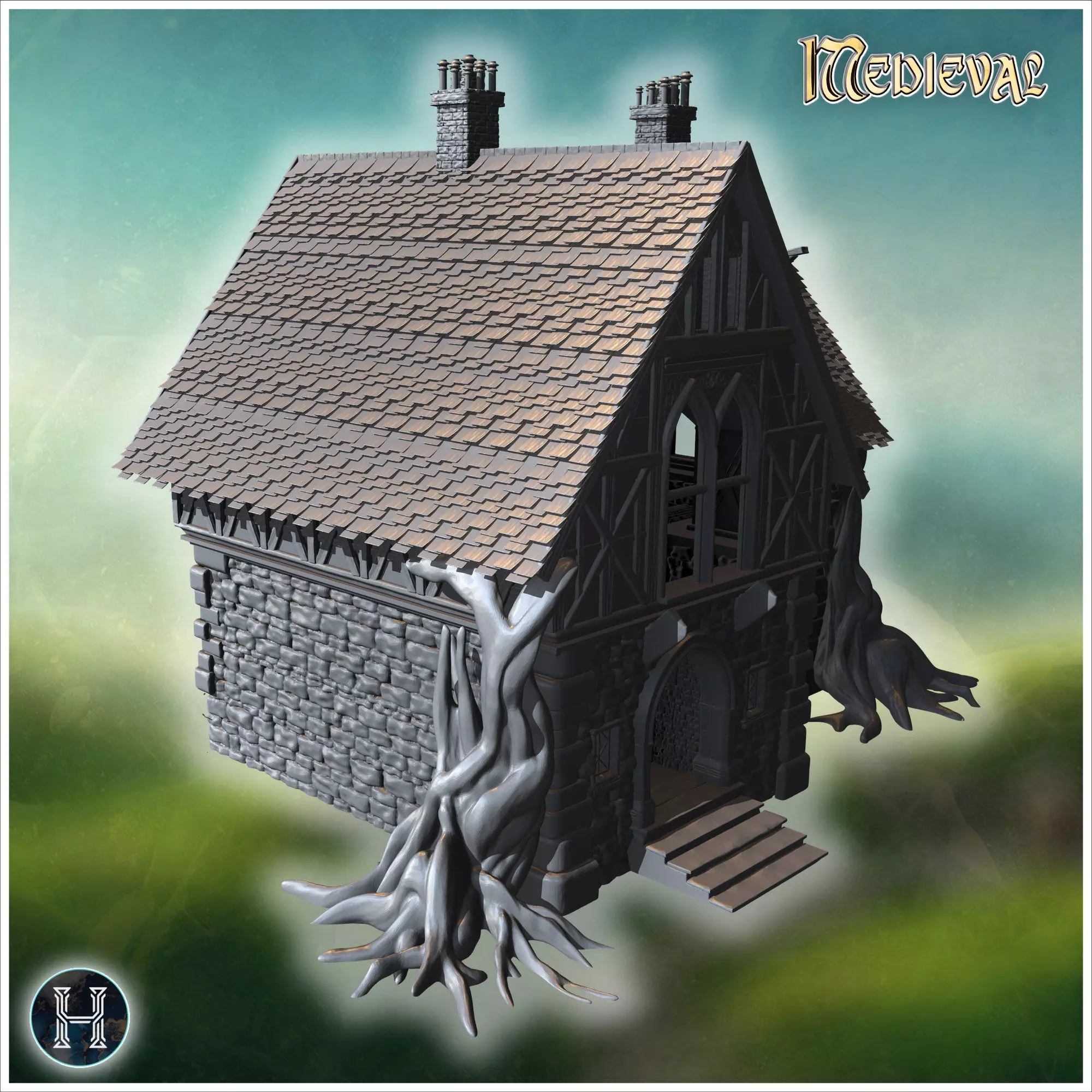 Manor house with gnarled roots spreading over stone foundation i 3D print model_5
