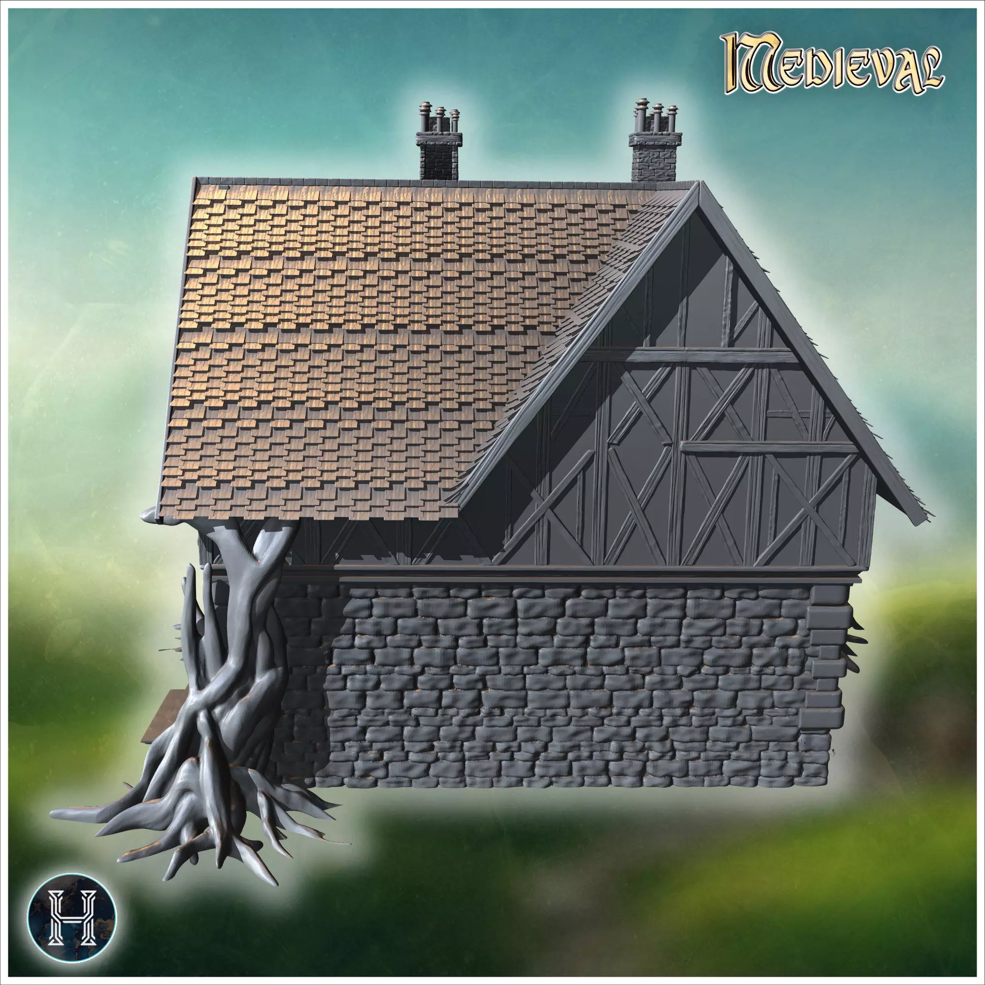 Manor house with gnarled roots spreading over stone foundation i 3D print model_8