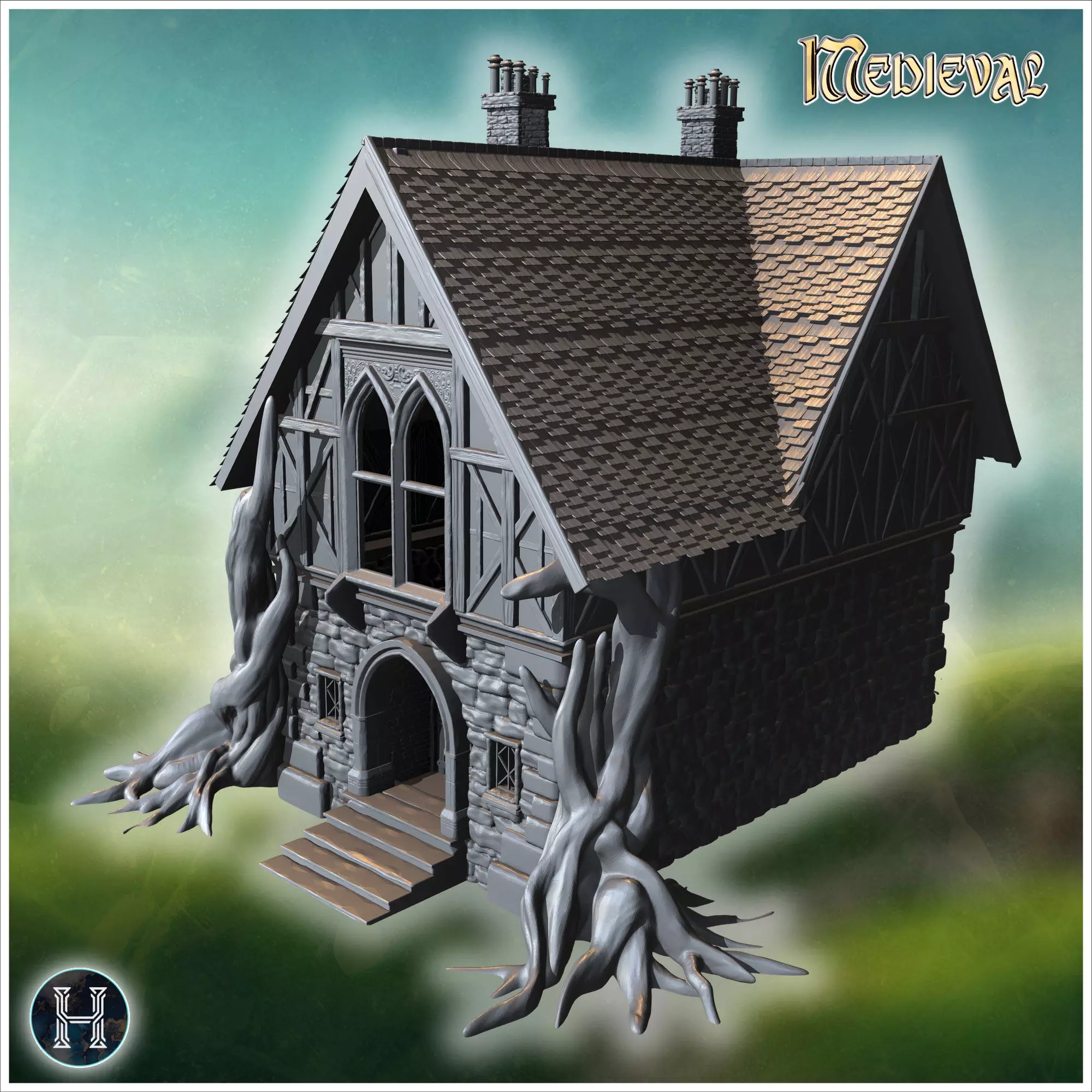 Manor house with gnarled roots spreading over stone foundation i 3D print model_9