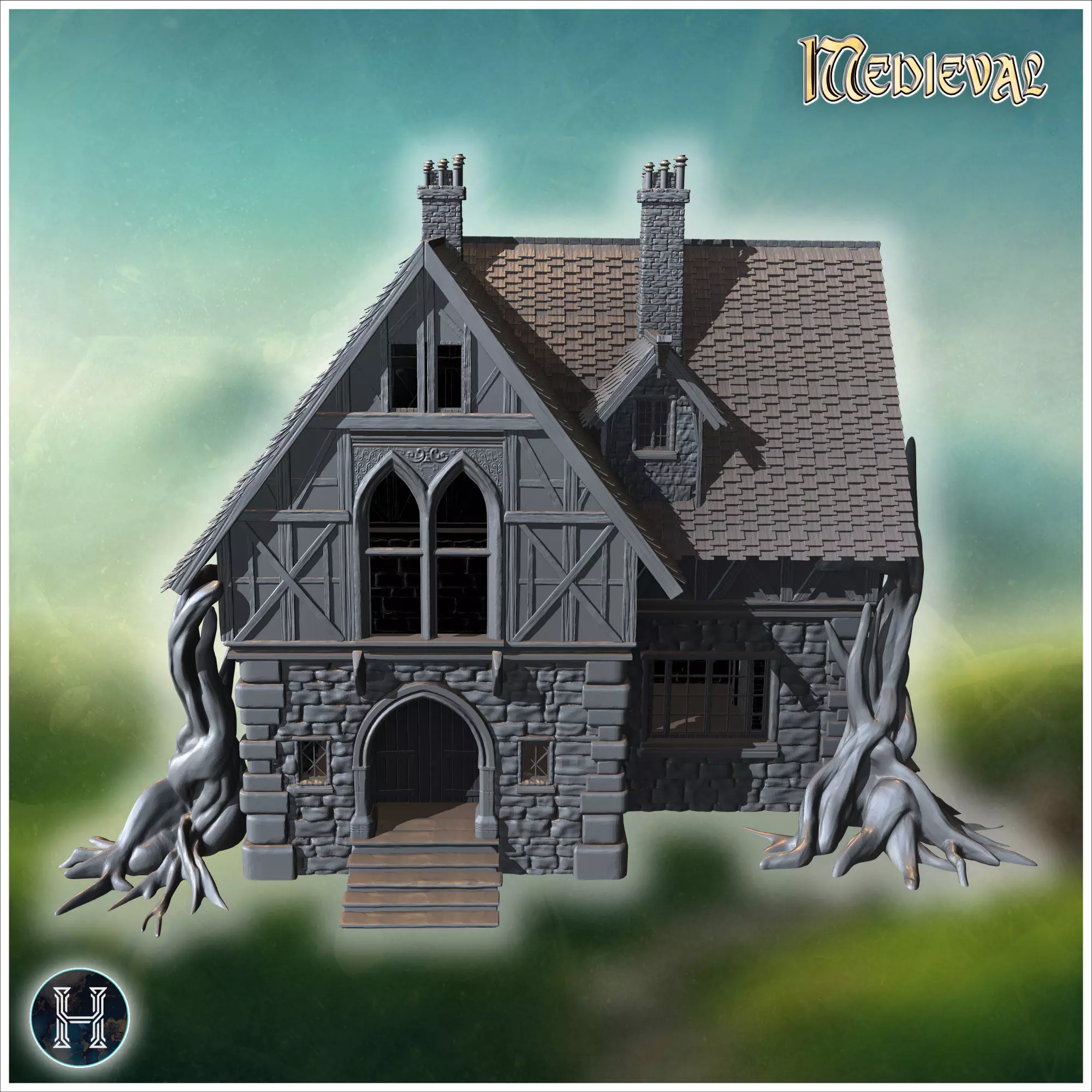 Manor house with gnarled roots spreading over stone foundation i 3D print model_4