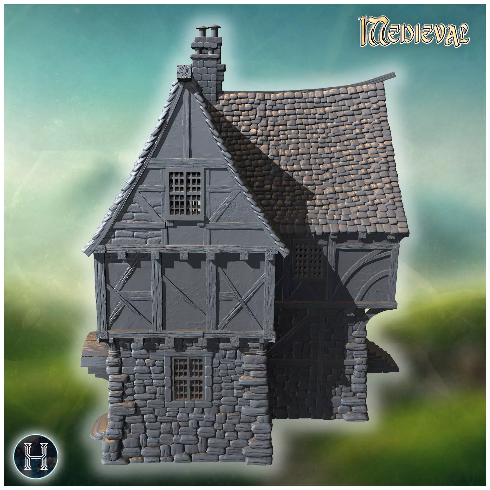 Compact townhouse with multiple chimneys steep gabled roofs and 3D print model_6