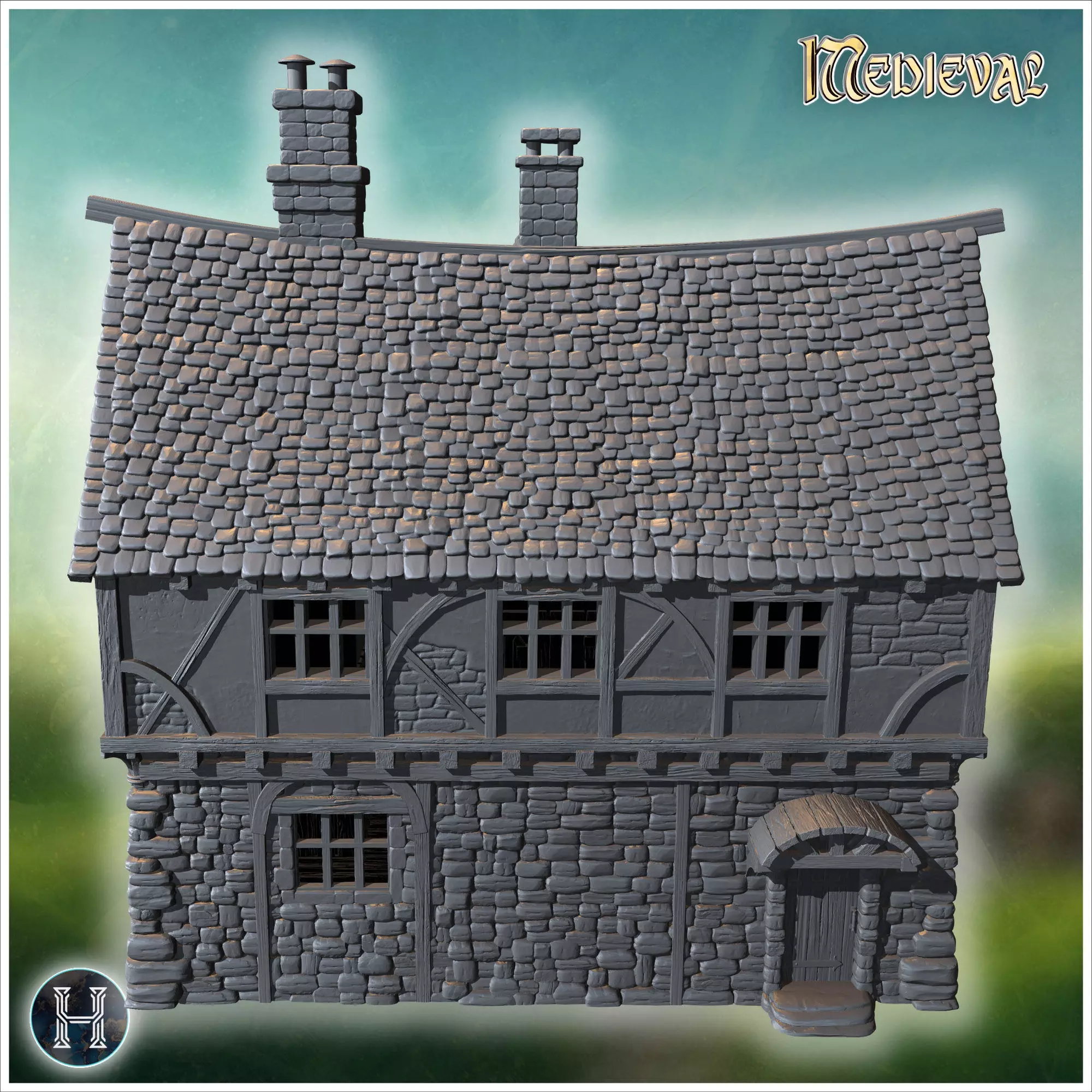 Compact townhouse with multiple chimneys steep gabled roofs and 3D print model_8