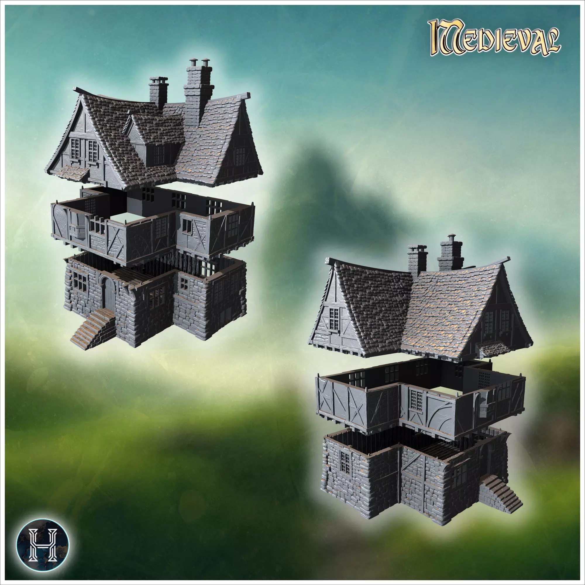 Compact townhouse with multiple chimneys steep gabled roofs and 3D print model_2