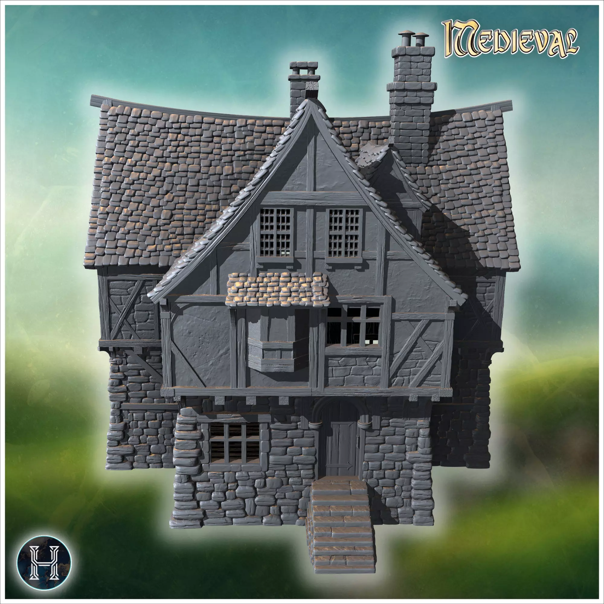 Compact townhouse with multiple chimneys steep gabled roofs and 3D print model_4