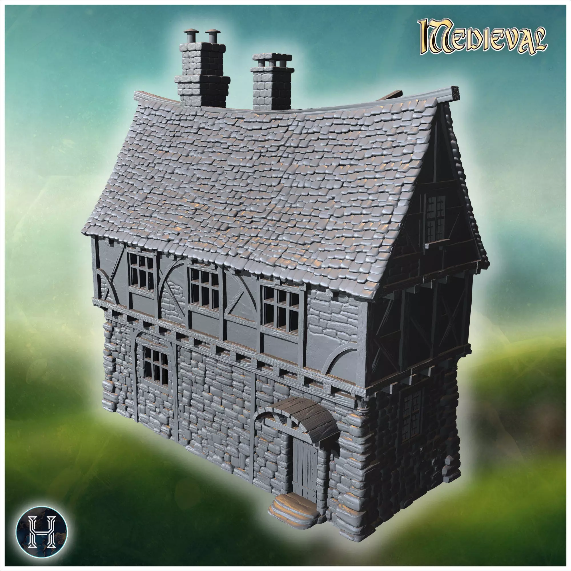 Compact townhouse with multiple chimneys steep gabled roofs and 3D print model_7