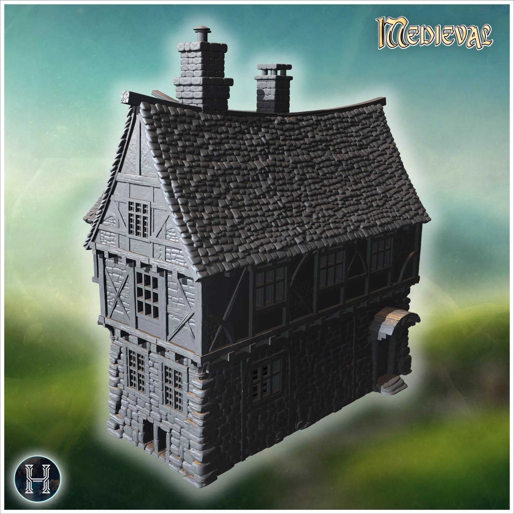 Compact townhouse with multiple chimneys steep gabled roofs and 3D print model_9