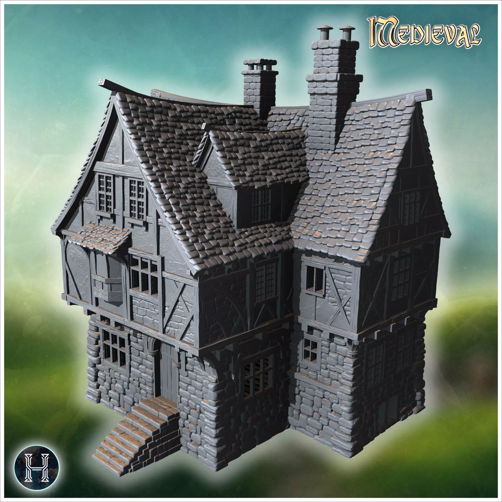 Compact townhouse with multiple chimneys steep gabled roofs and 3D print model_0