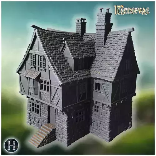 Compact townhouse with multiple chimneys steep gabled roofs and 