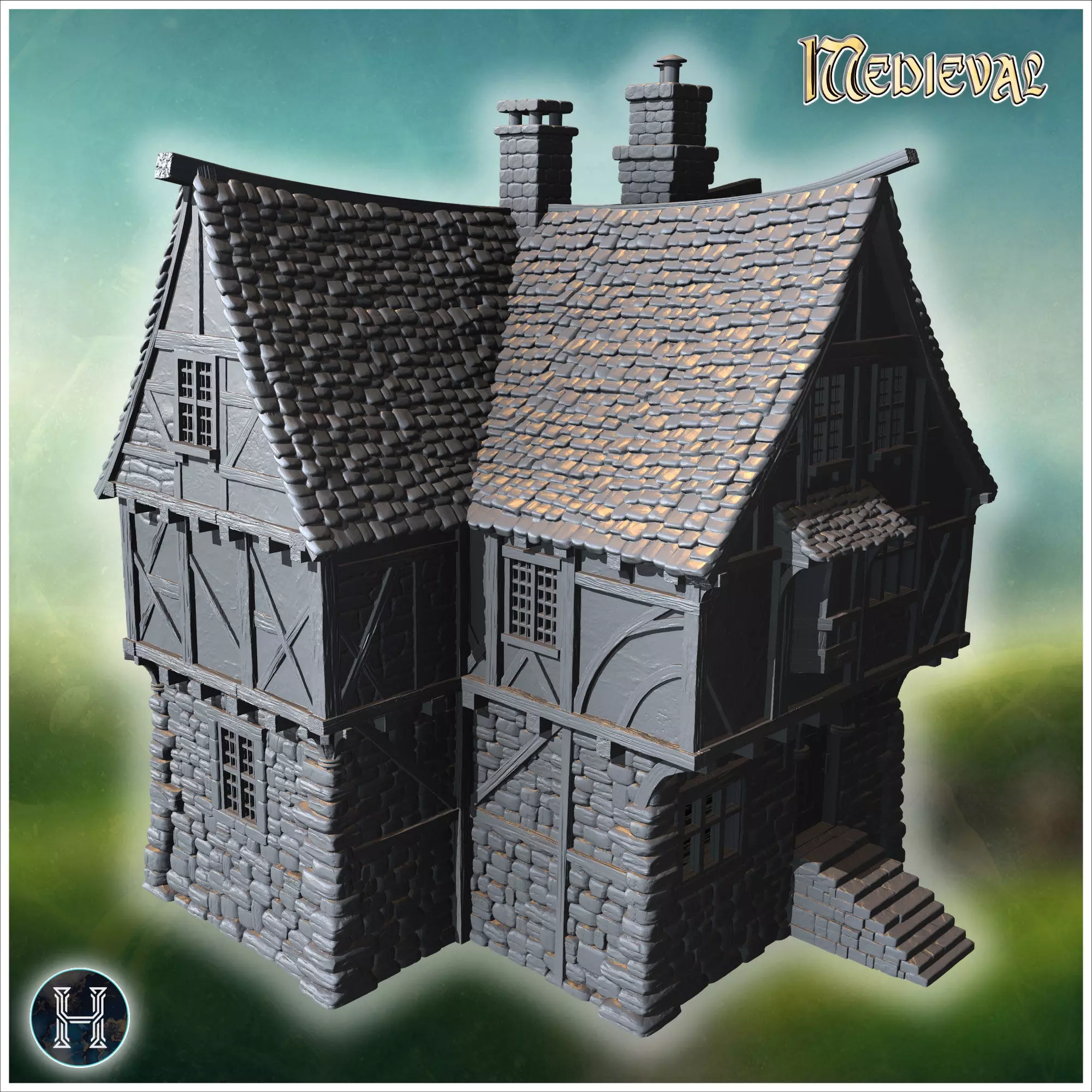 Compact townhouse with multiple chimneys steep gabled roofs and 3D print model_5