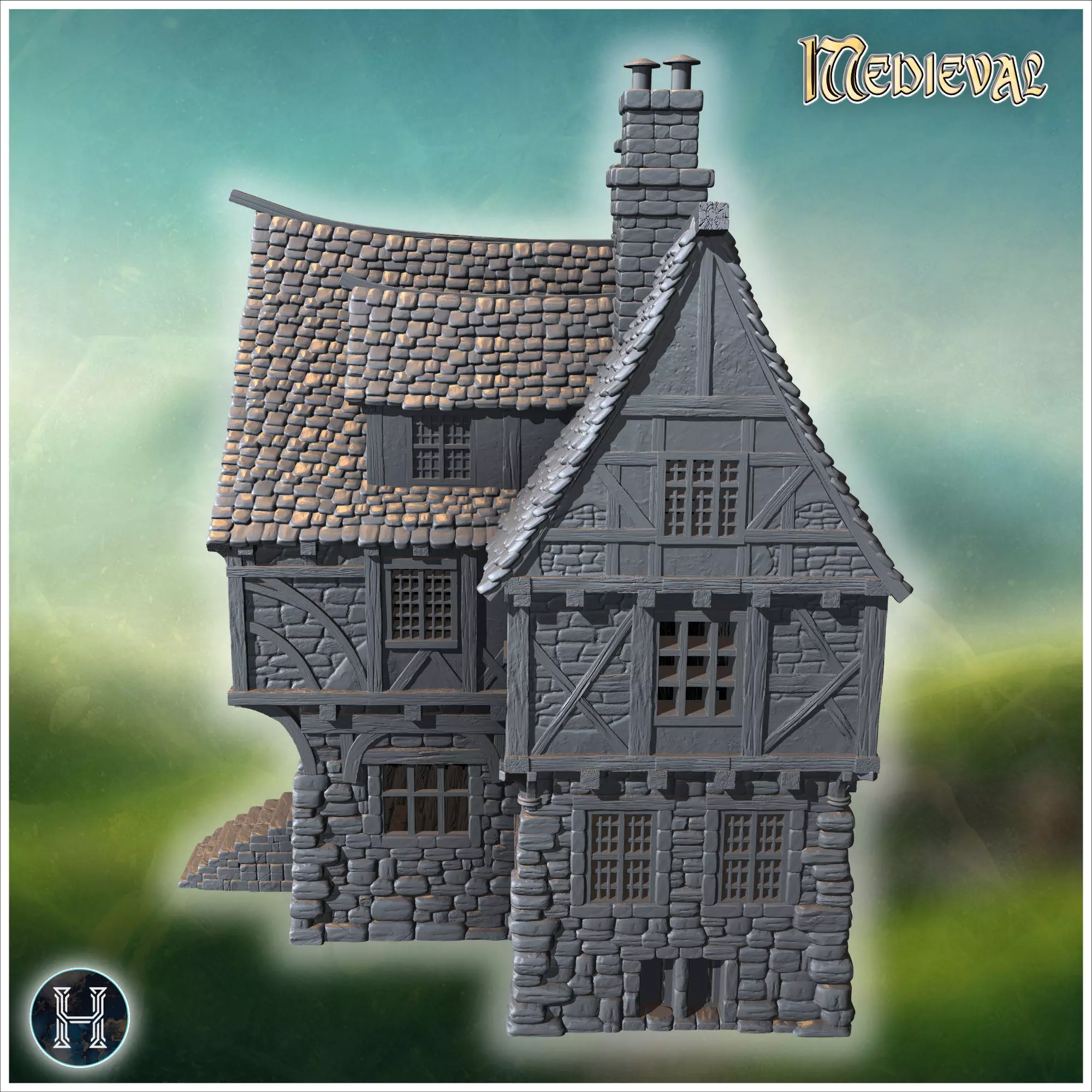 Compact townhouse with multiple chimneys steep gabled roofs and 3D print model_3