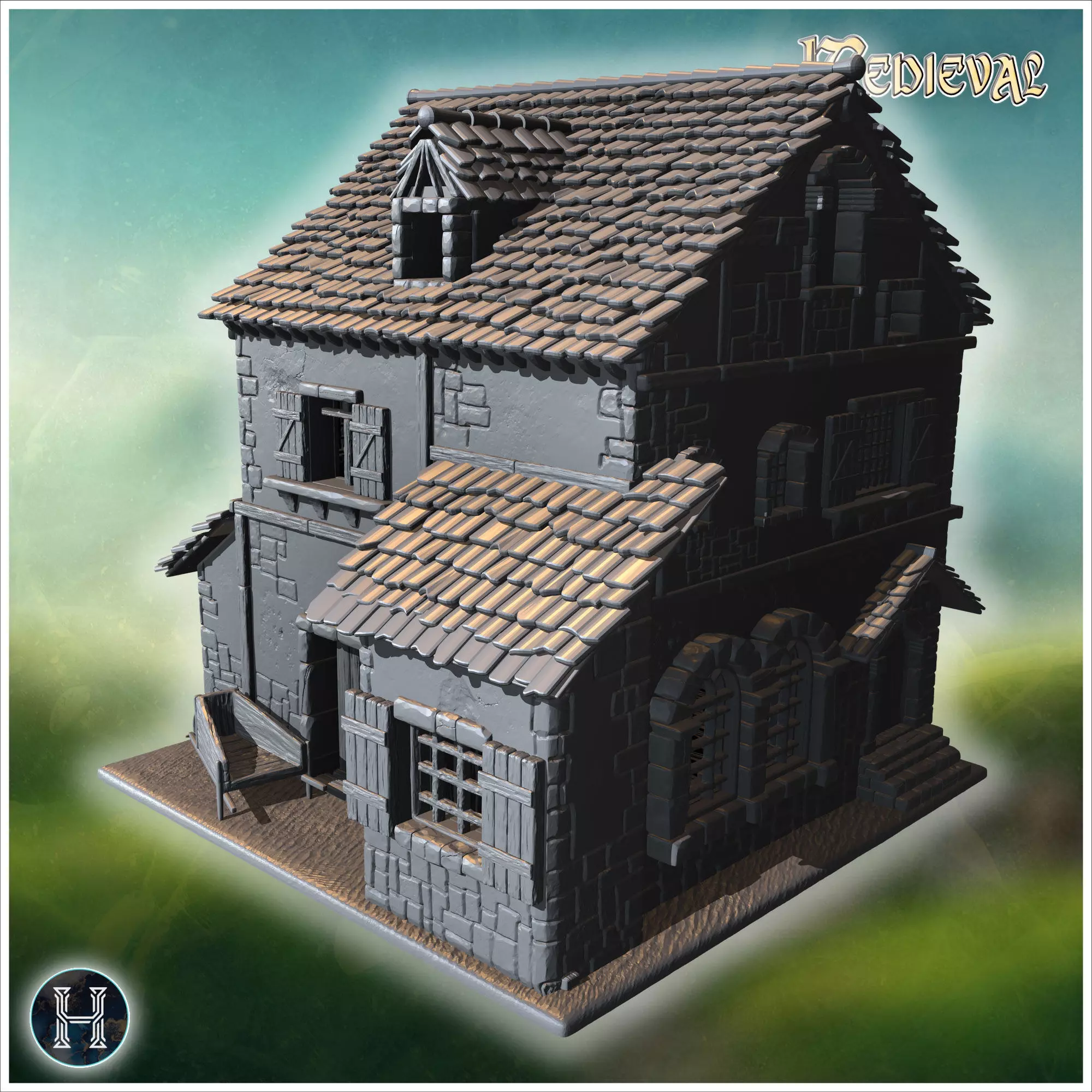 Square medieval house with symmetrical windows wooden shutters a 3D print model_5