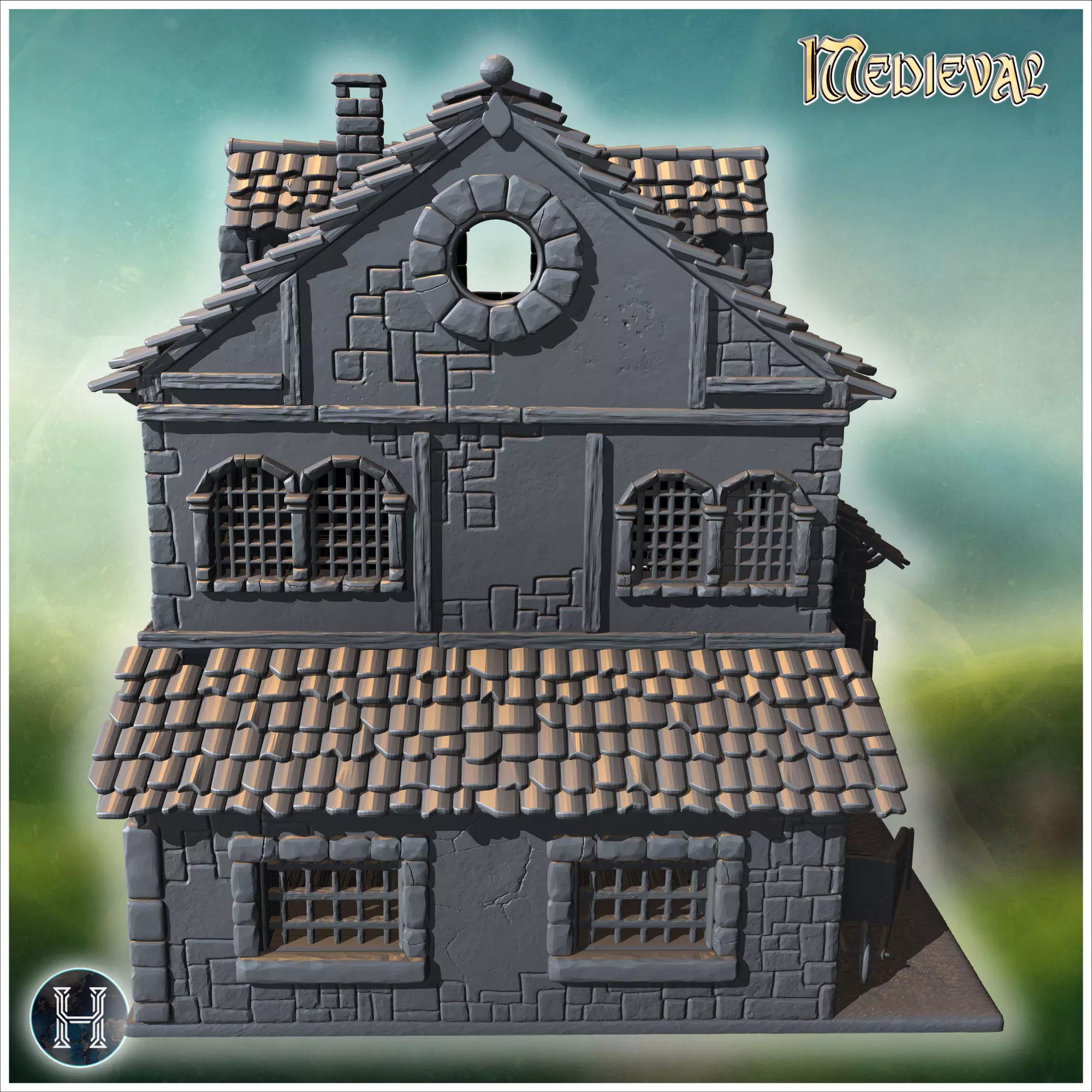 Square medieval house with symmetrical windows wooden shutters a 3D print model_8