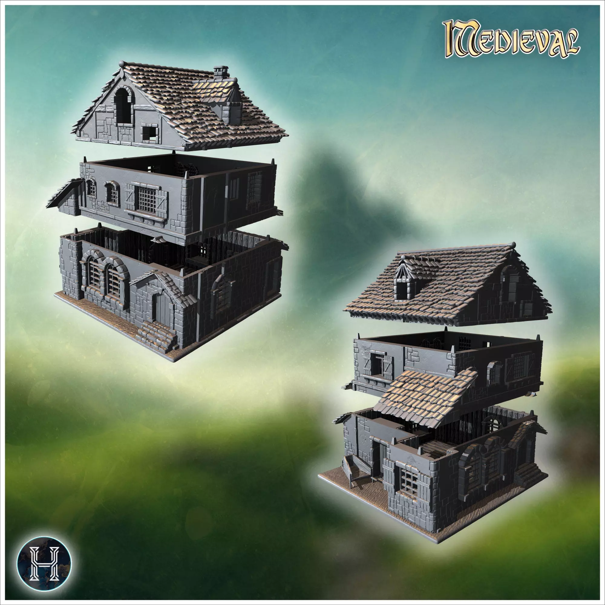 Square medieval house with symmetrical windows wooden shutters a 3D print model_2