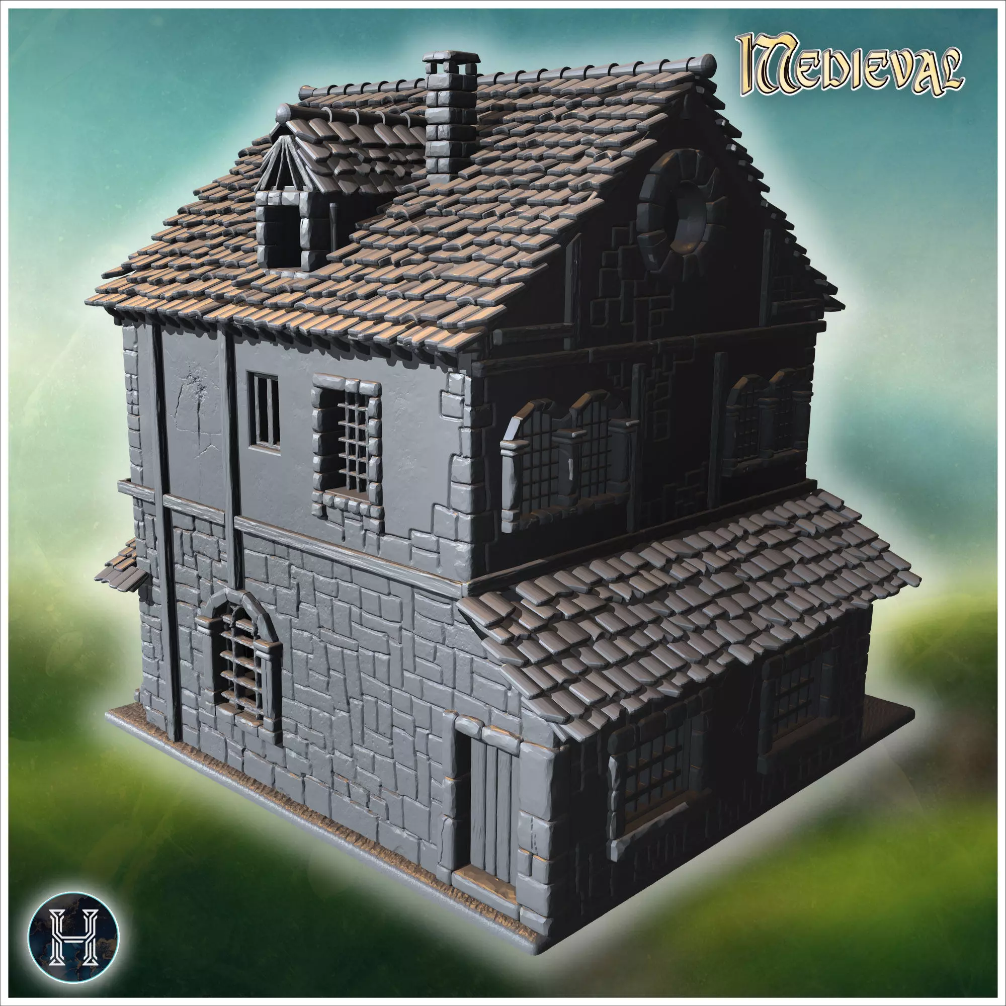 Square medieval house with symmetrical windows wooden shutters a 3D print model_9