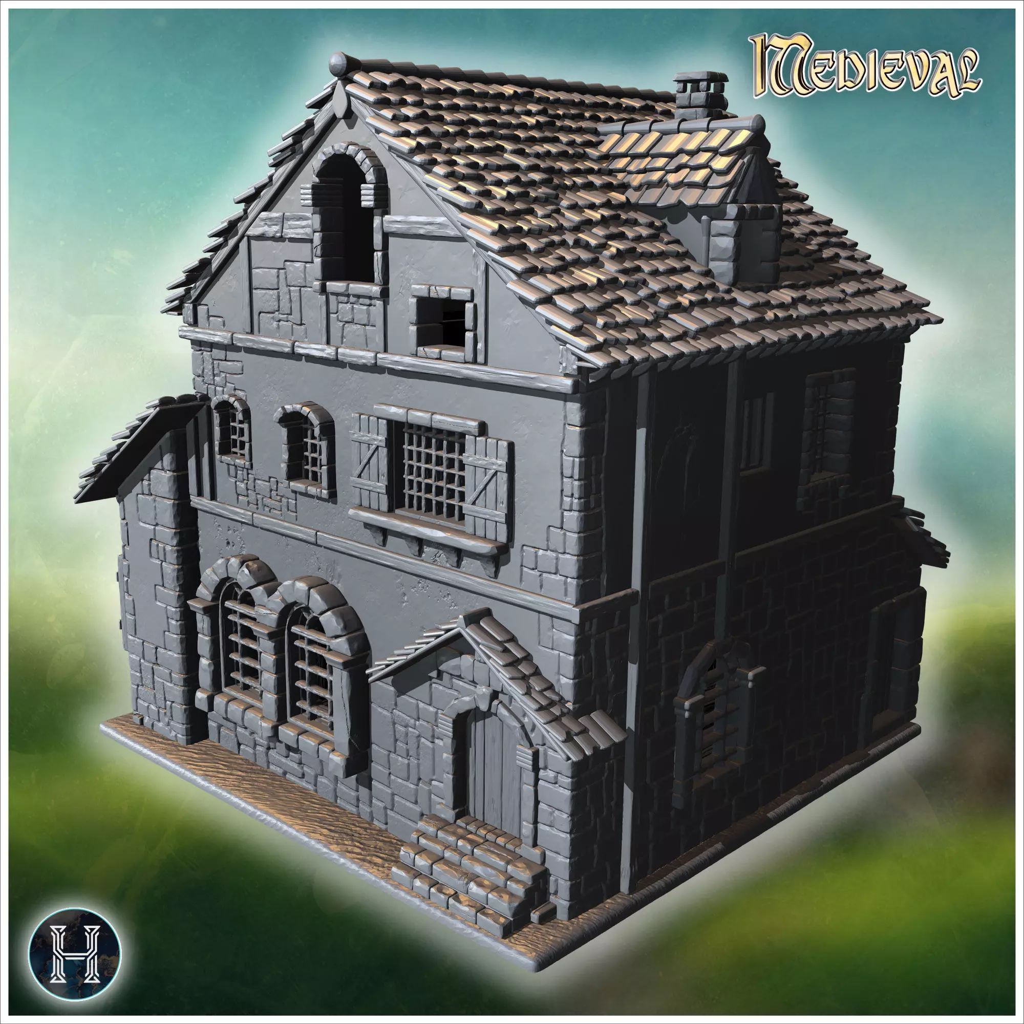 Square medieval house with symmetrical windows wooden shutters a 3D print model_0