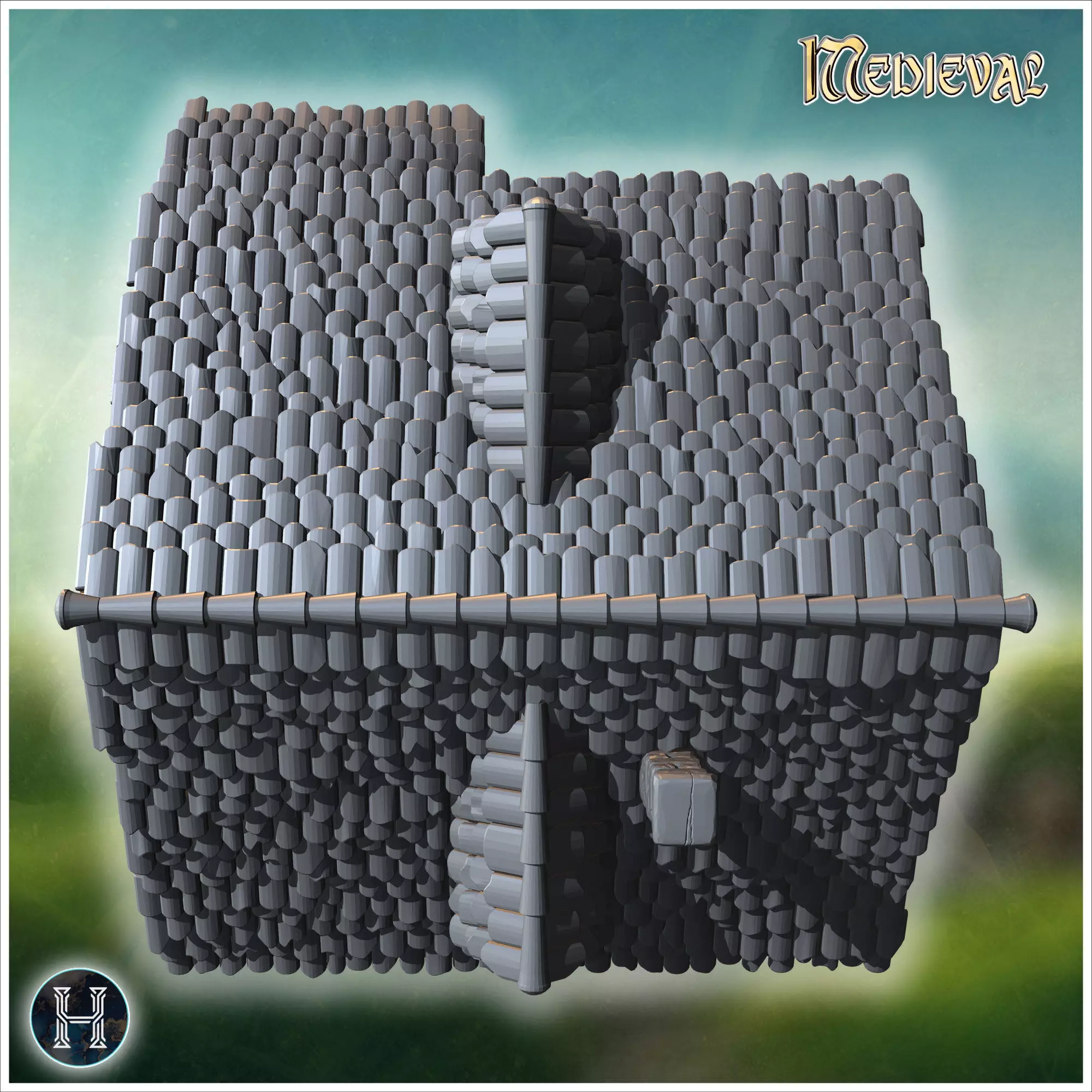 Square medieval house with symmetrical windows wooden shutters a 3D print model_10