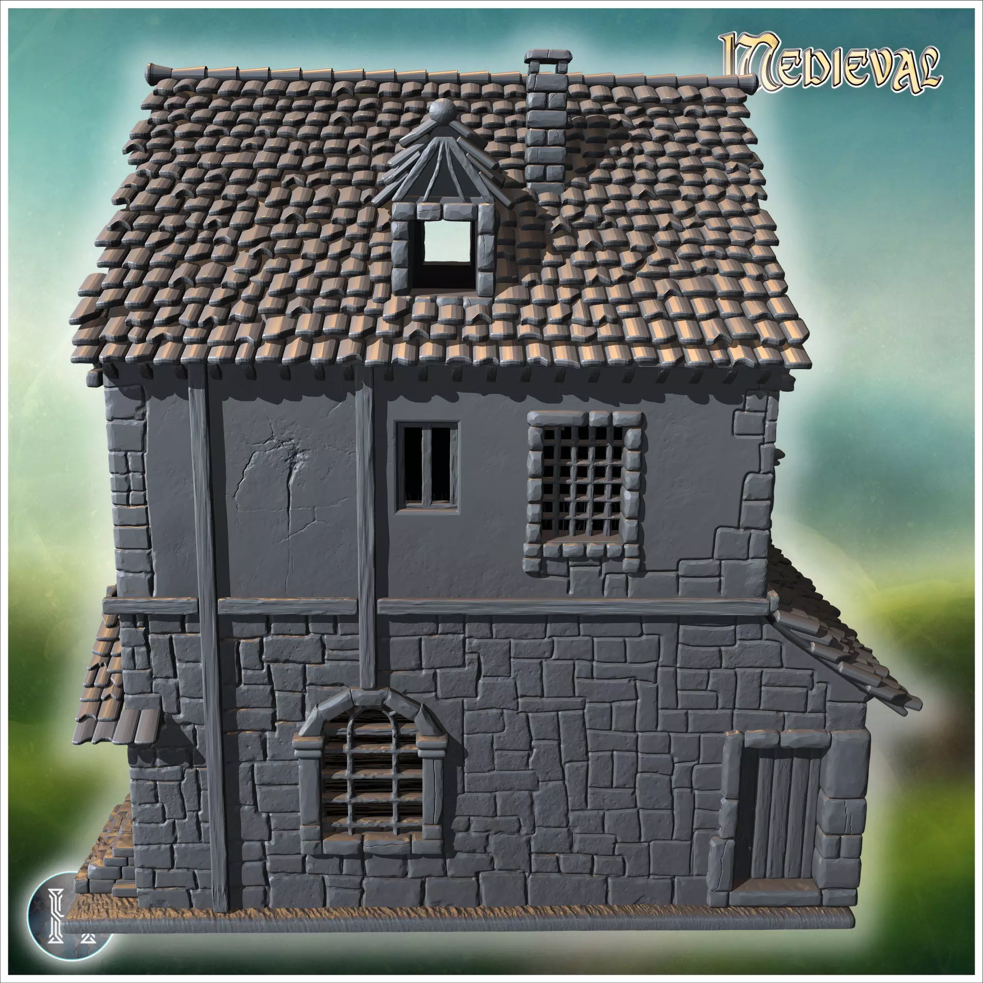 Square medieval house with symmetrical windows wooden shutters a 3D print model_3