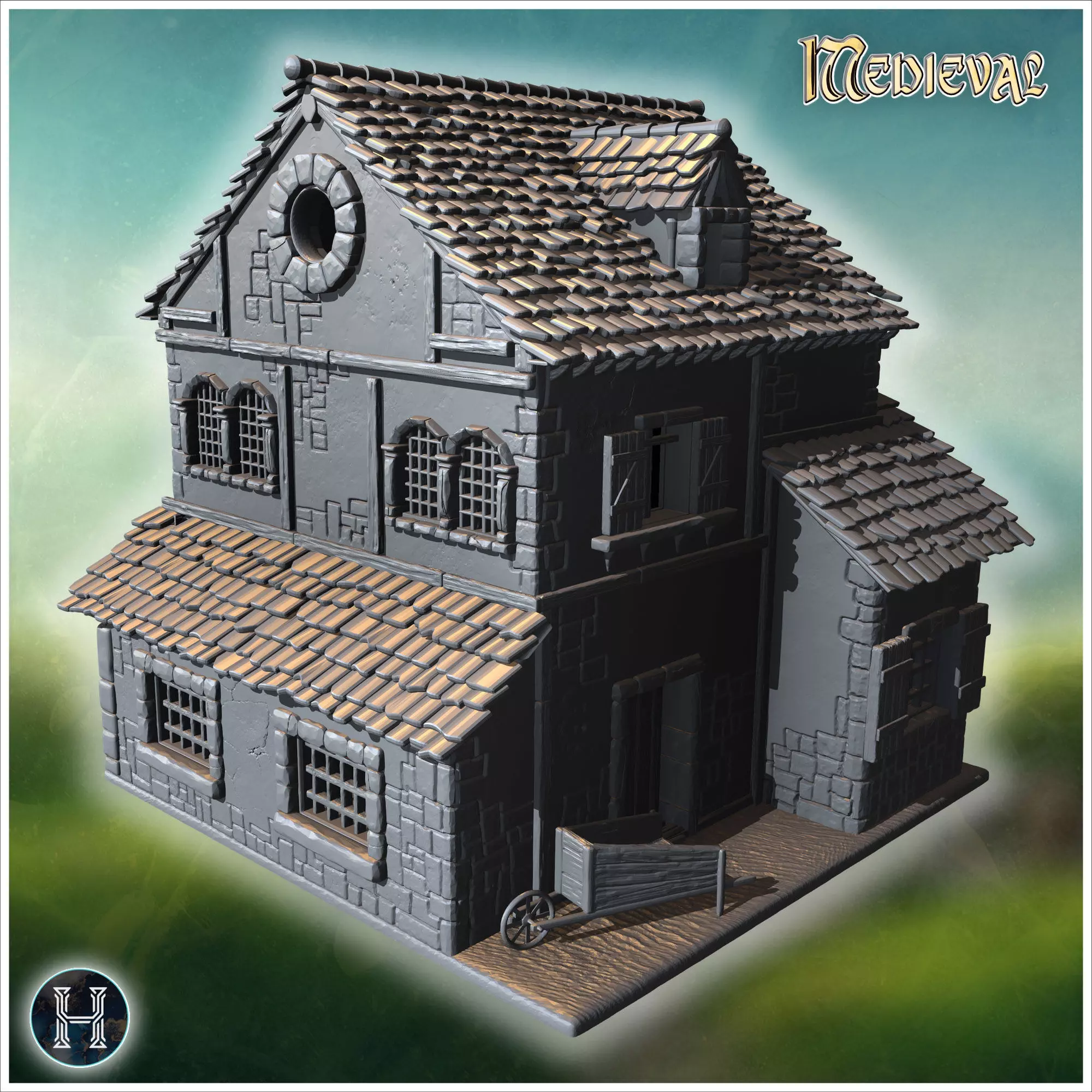 Square medieval house with symmetrical windows wooden shutters a 3D print model_7