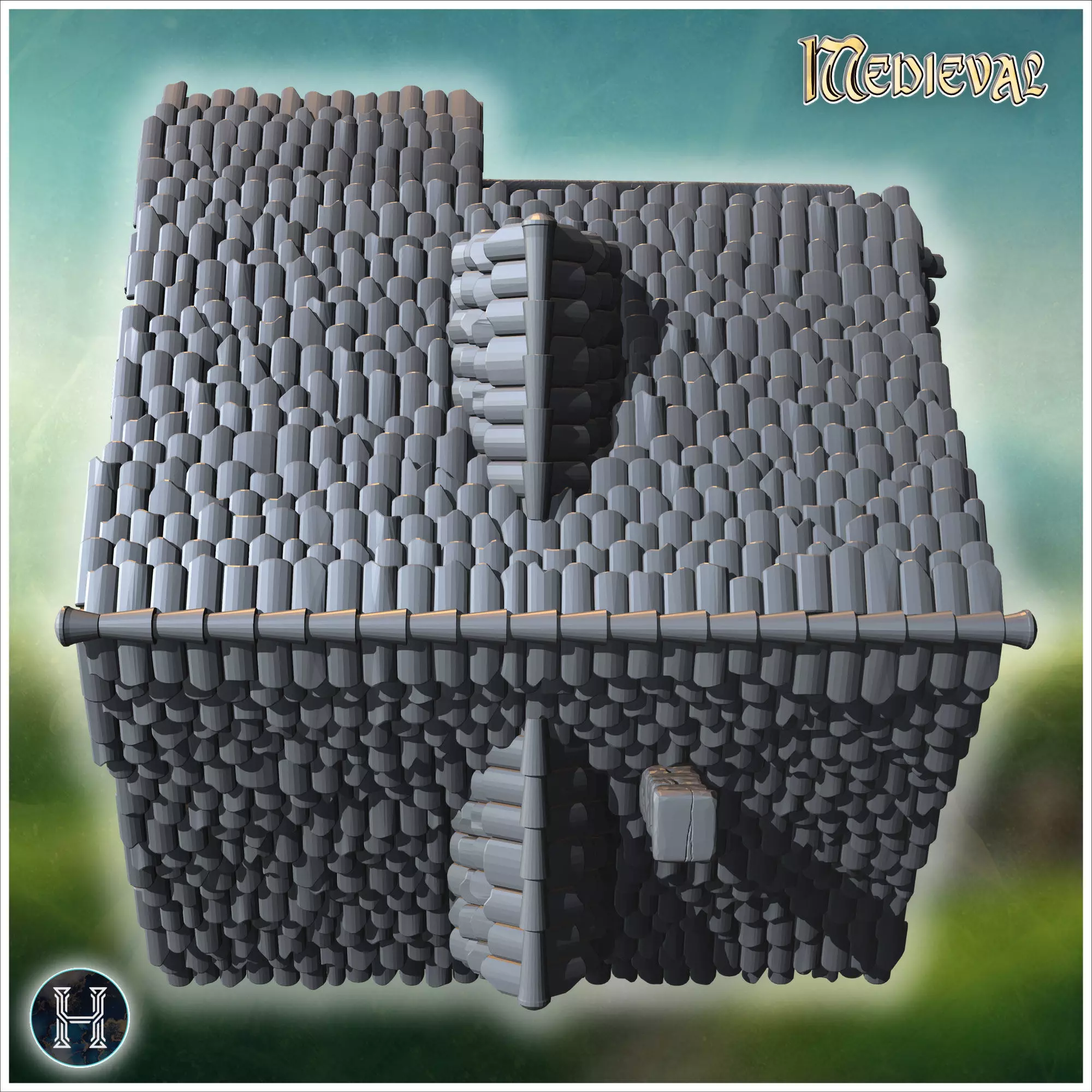 Square medieval house with symmetrical windows wooden shutters a 3D print model_1