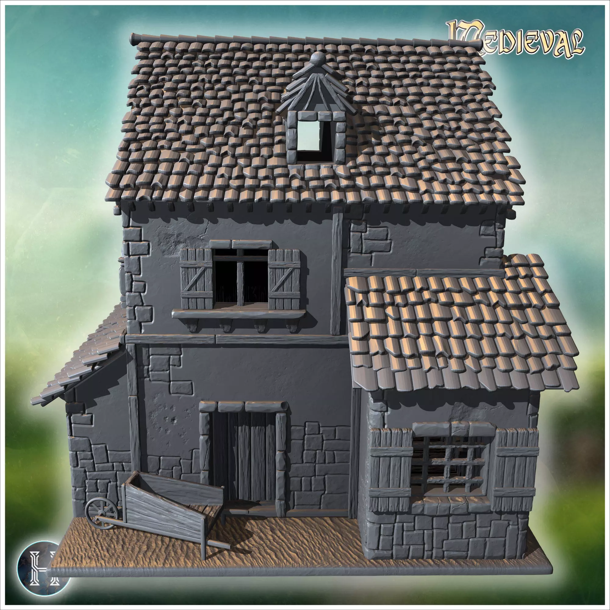Square medieval house with symmetrical windows wooden shutters a 3D print model_6