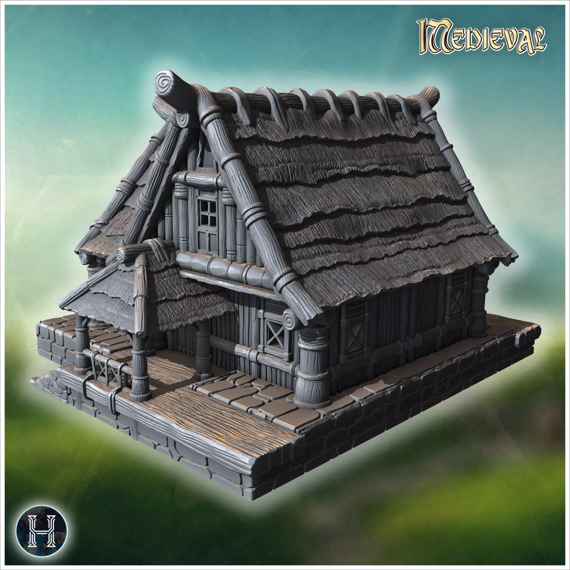 Rustic wooden house with overlapping roof shingles thick wooden 3D print model_7