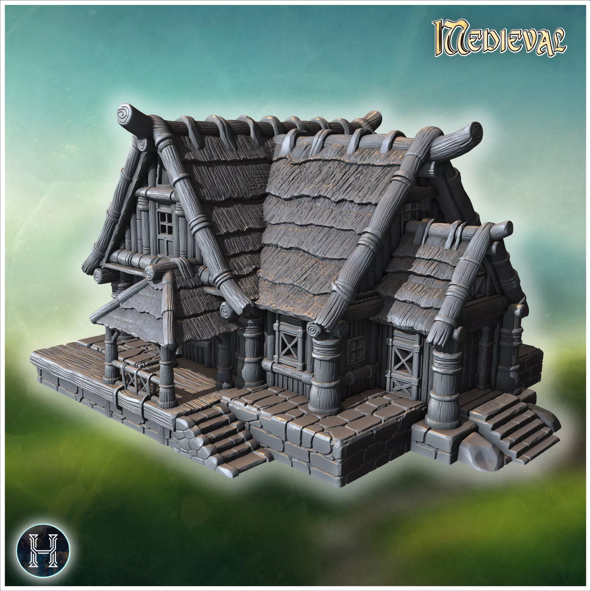 Rustic wooden house with overlapping roof shingles thick wooden 3D print model_3