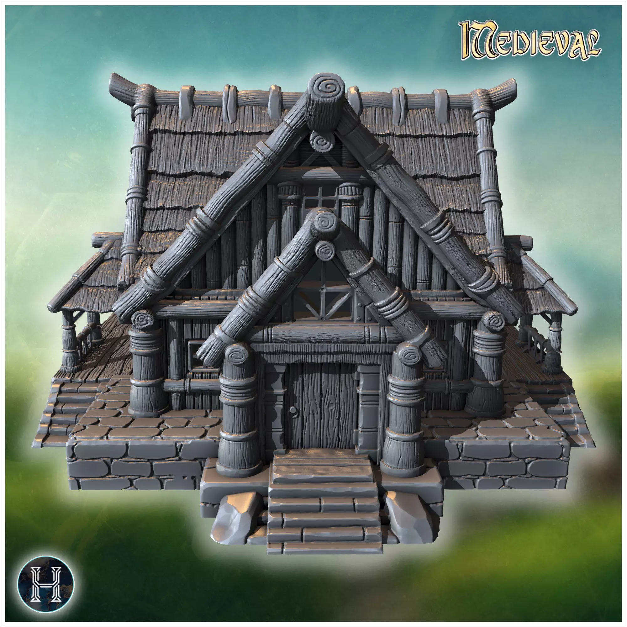 Rustic wooden house with overlapping roof shingles thick wooden 3D print model_2