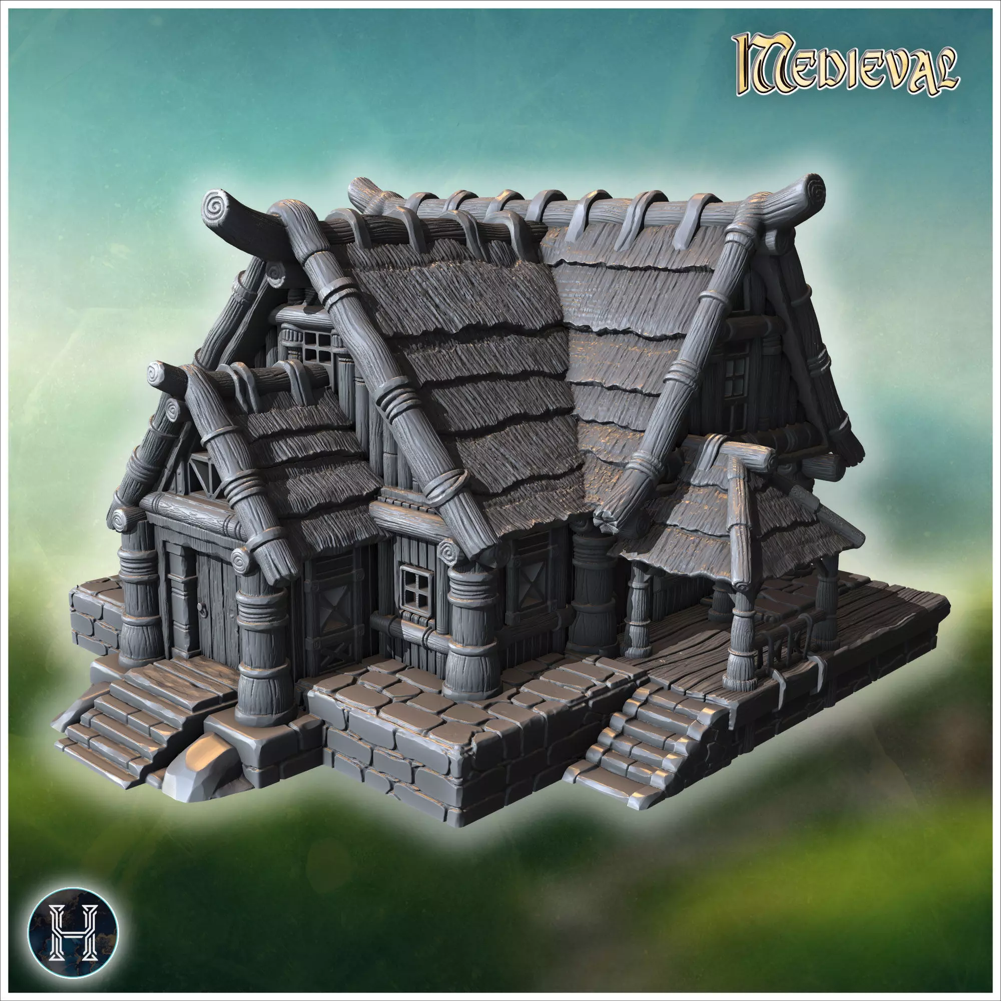 Rustic wooden house with overlapping roof shingles thick wooden 3D print model_0