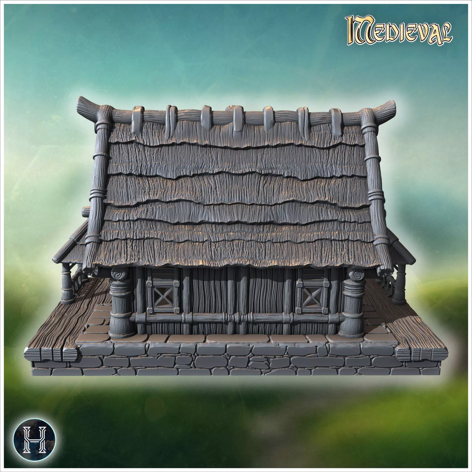 Rustic wooden house with overlapping roof shingles thick wooden 3D print model_6