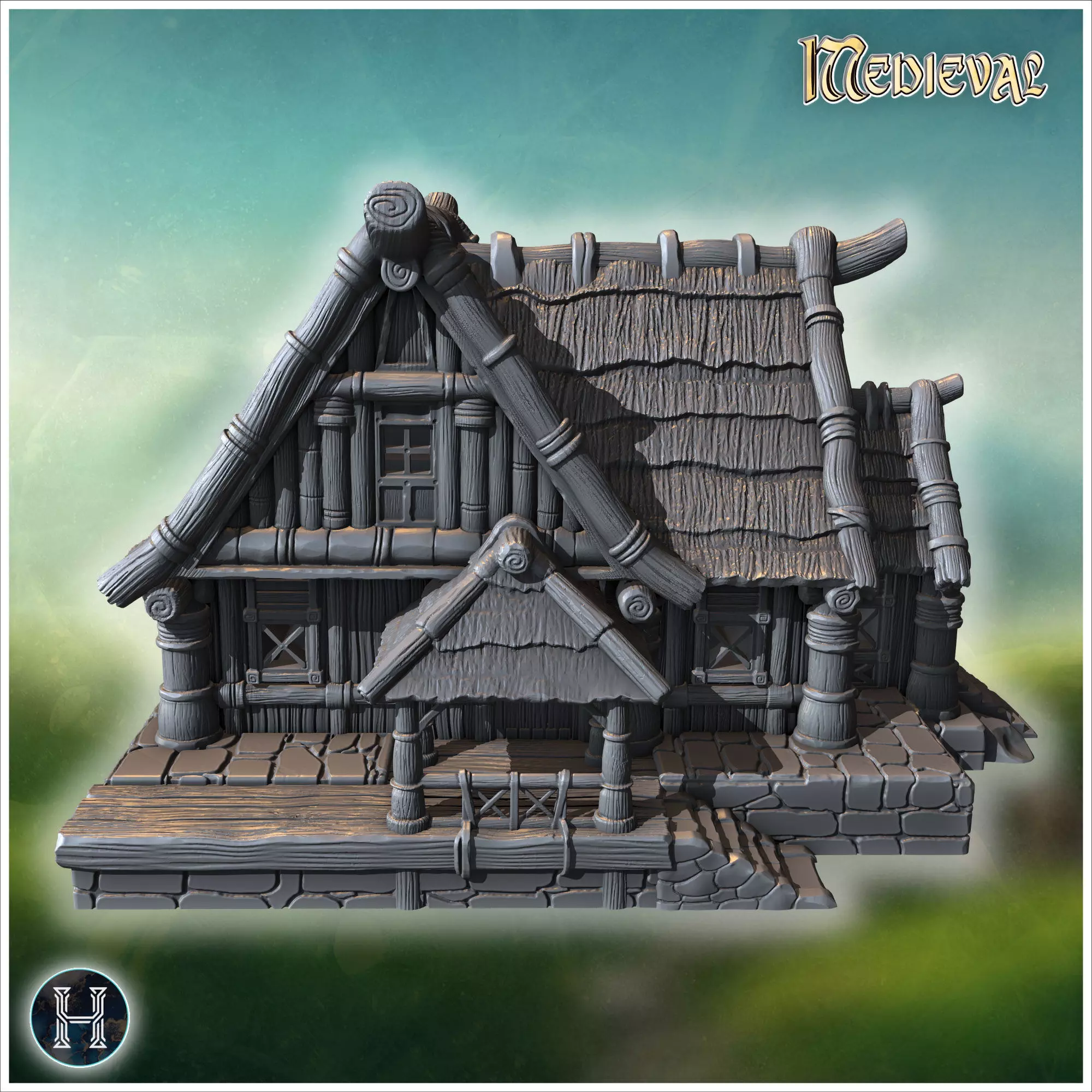 Rustic wooden house with overlapping roof shingles thick wooden 3D print model_4