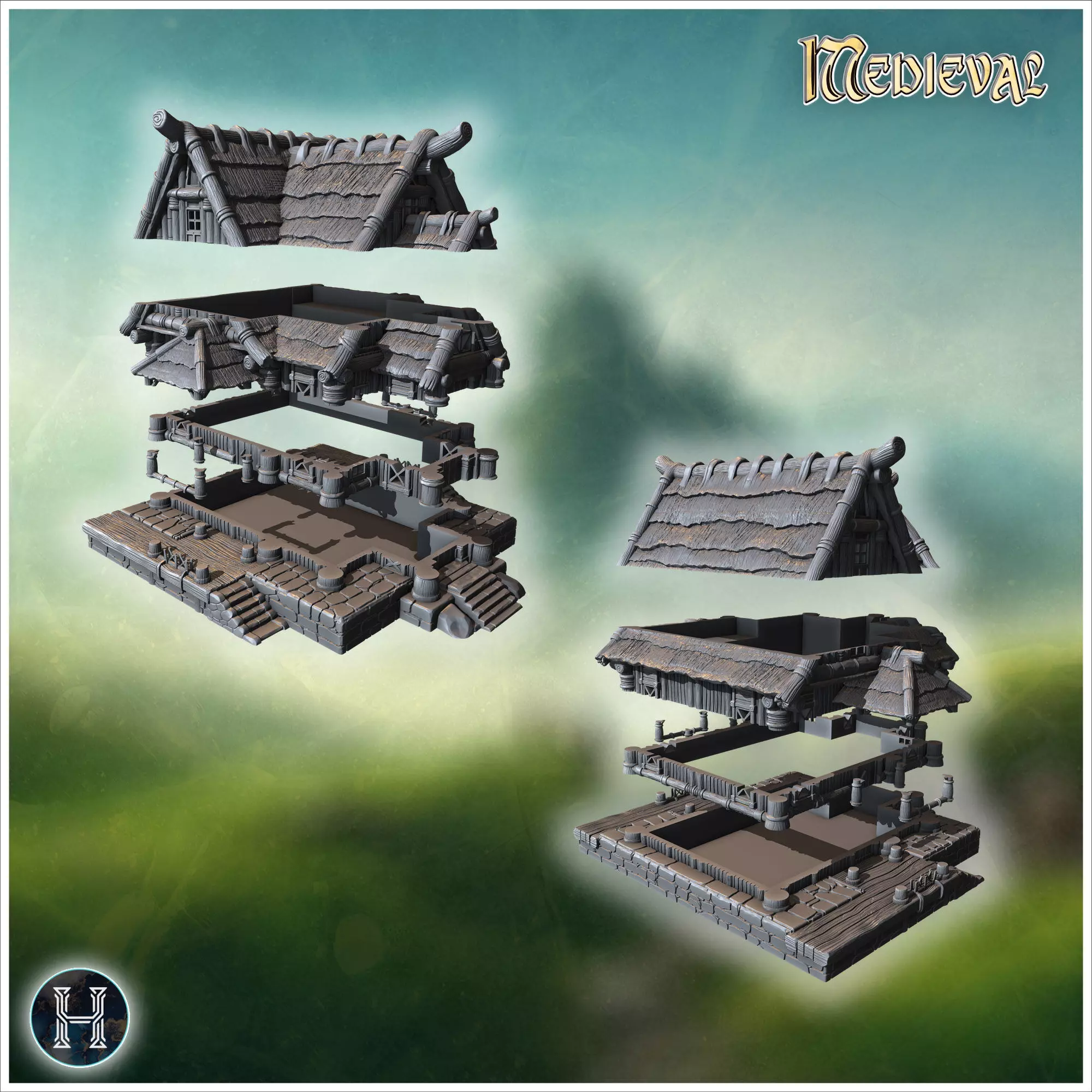 Rustic wooden house with overlapping roof shingles thick wooden 3D print model_1